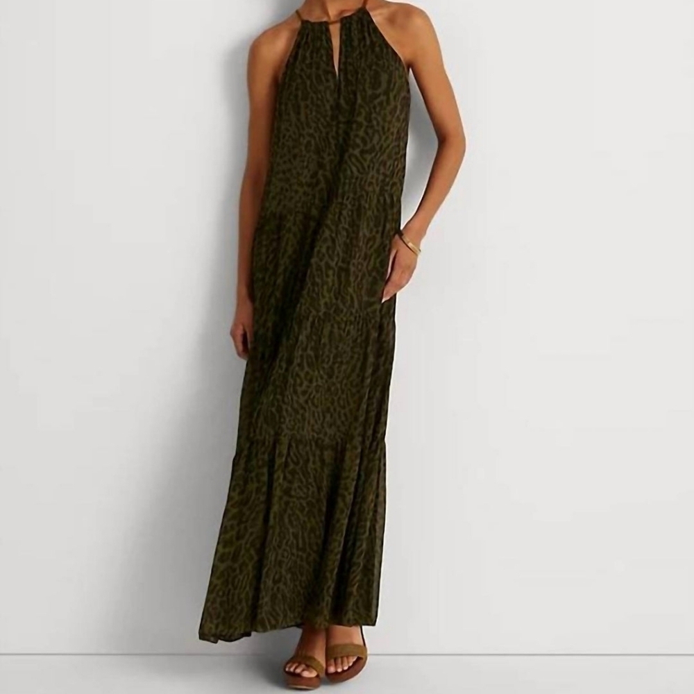 Lauren Ralph Lauren Olive Leopard Print Halter Maxi Dress Size 4 - Picture 6 of 14